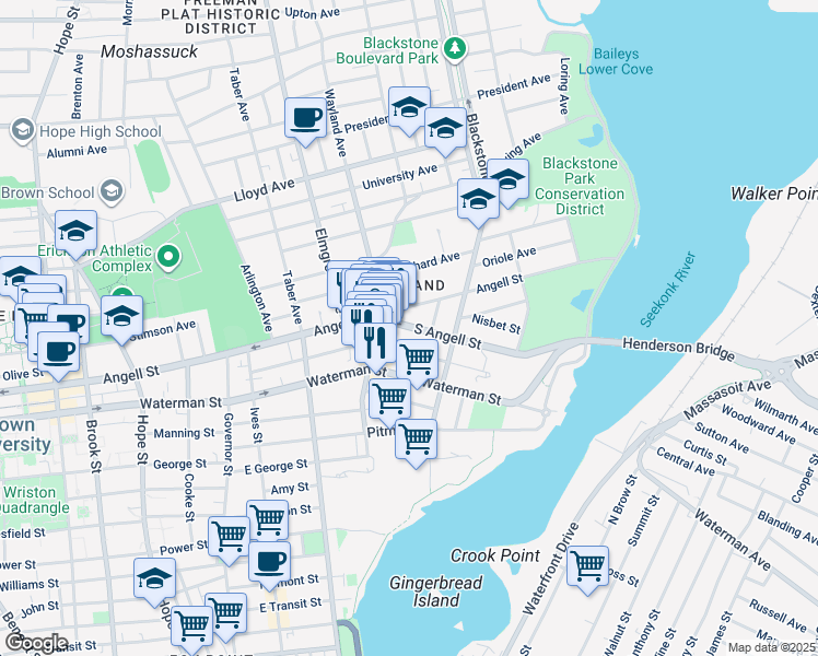 map of restaurants, bars, coffee shops, grocery stores, and more near 531 Angell Street in Providence