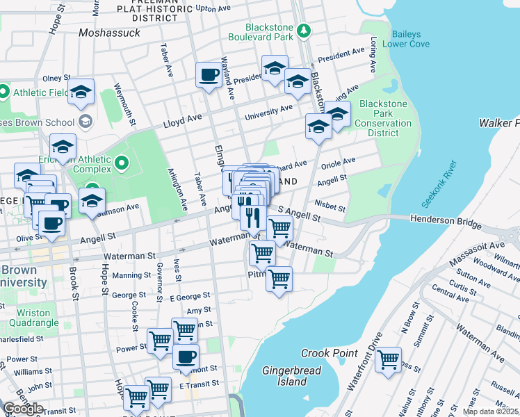 map of restaurants, bars, coffee shops, grocery stores, and more near 490 Angell Street in Providence