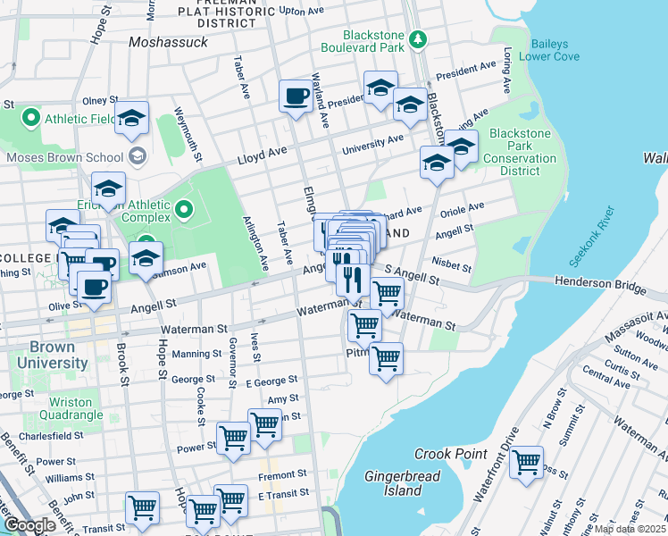 map of restaurants, bars, coffee shops, grocery stores, and more near 15 Elmgrove Avenue in Providence