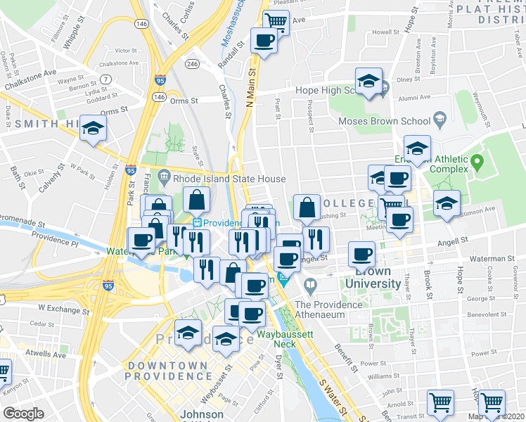 map of restaurants, bars, coffee shops, grocery stores, and more near 106 Benefit Street in Providence