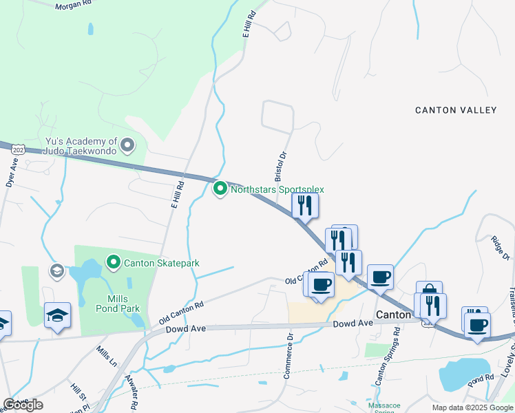 map of restaurants, bars, coffee shops, grocery stores, and more near 288 U.S. 202 in Canton