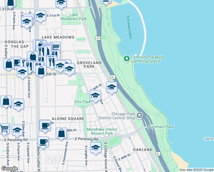 map of restaurants, bars, coffee shops, grocery stores, and more near S Lake Shore Dr in Chicago