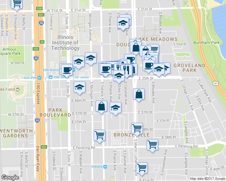 map of restaurants, bars, coffee shops, grocery stores, and more near 3518 South Giles Avenue in Chicago