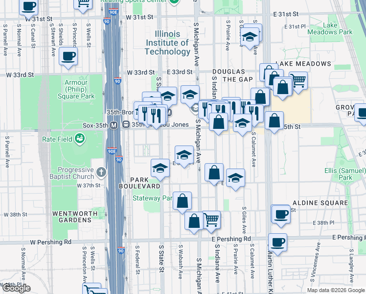 map of restaurants, bars, coffee shops, grocery stores, and more near 3510 South Michigan Avenue in Chicago