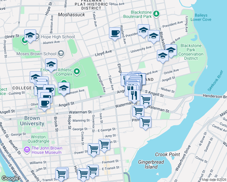 map of restaurants, bars, coffee shops, grocery stores, and more near 8 Taber Avenue in Providence