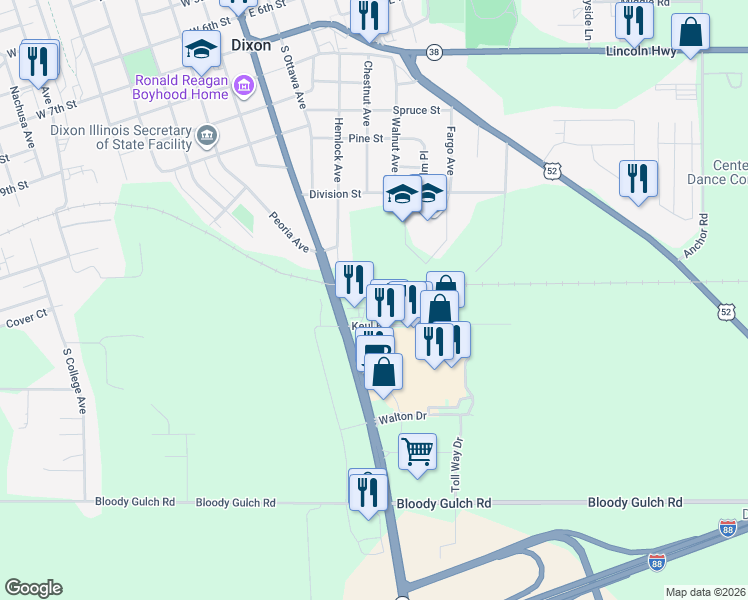 map of restaurants, bars, coffee shops, grocery stores, and more near 1502 South Galena Avenue in Dixon