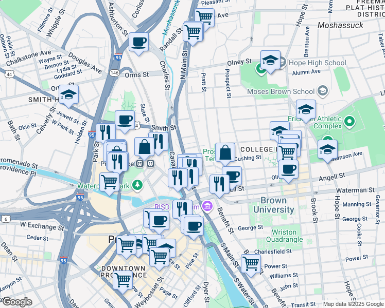 map of restaurants, bars, coffee shops, grocery stores, and more near 11 Cady Street in Providence