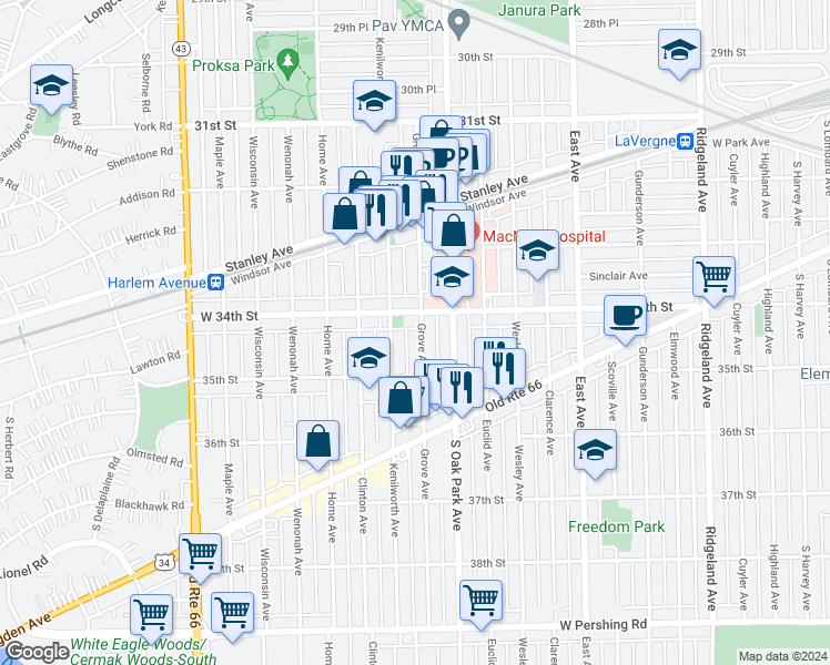 map of restaurants, bars, coffee shops, grocery stores, and more near 3414 Grove Avenue in Berwyn