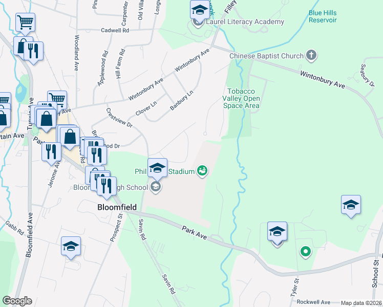 map of restaurants, bars, coffee shops, grocery stores, and more near 24 Sycamore Road in Bloomfield