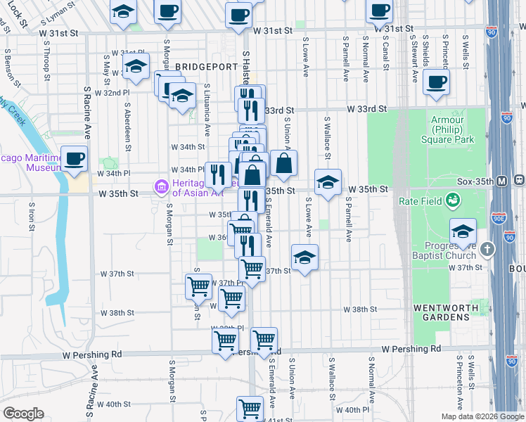 map of restaurants, bars, coffee shops, grocery stores, and more near 3530 South Union Avenue in Chicago