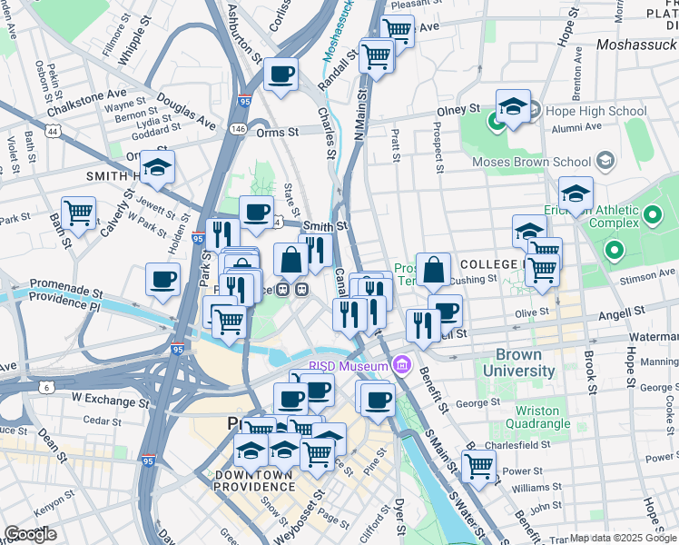 map of restaurants, bars, coffee shops, grocery stores, and more near Canal Street in Providence