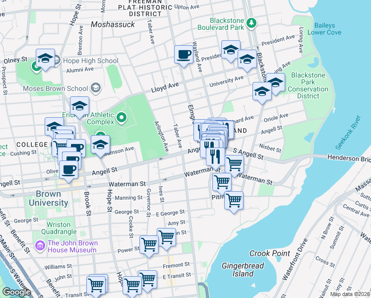 map of restaurants, bars, coffee shops, grocery stores, and more near 420 Angell Street in Providence