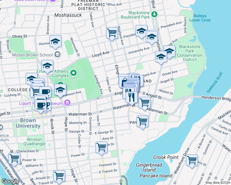 map of restaurants, bars, coffee shops, grocery stores, and more near 430 Angell Street in Providence