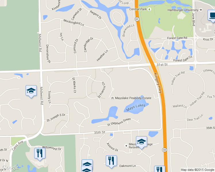 map of restaurants, bars, coffee shops, grocery stores, and more near 124 Saint Francis Circle in Oak Brook