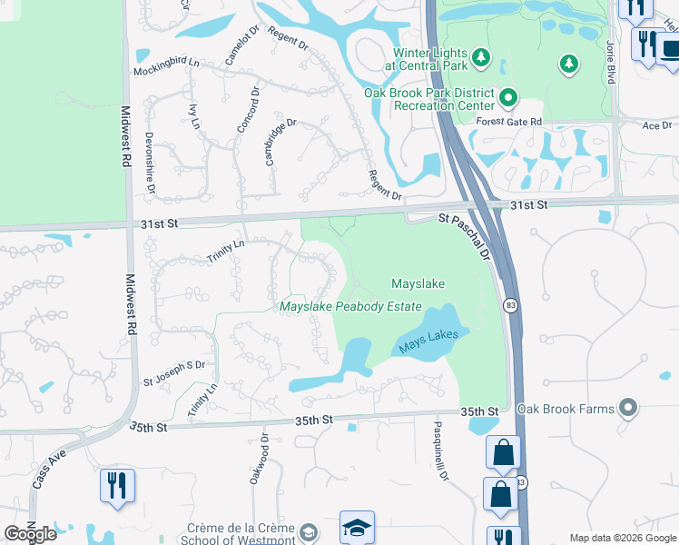 map of restaurants, bars, coffee shops, grocery stores, and more near 124 Saint Francis Circle in Oak Brook