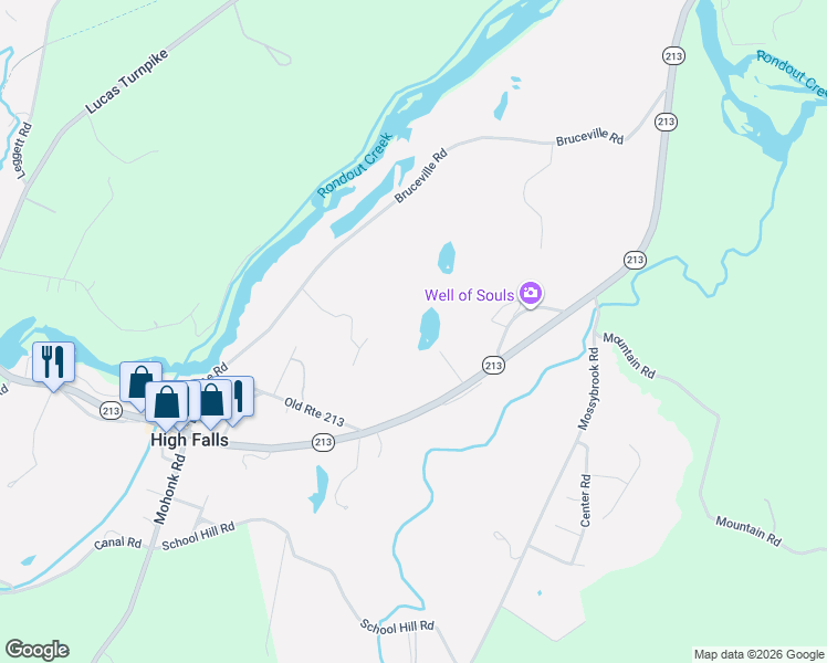 map of restaurants, bars, coffee shops, grocery stores, and more near 38 Andersen Drive in High Falls