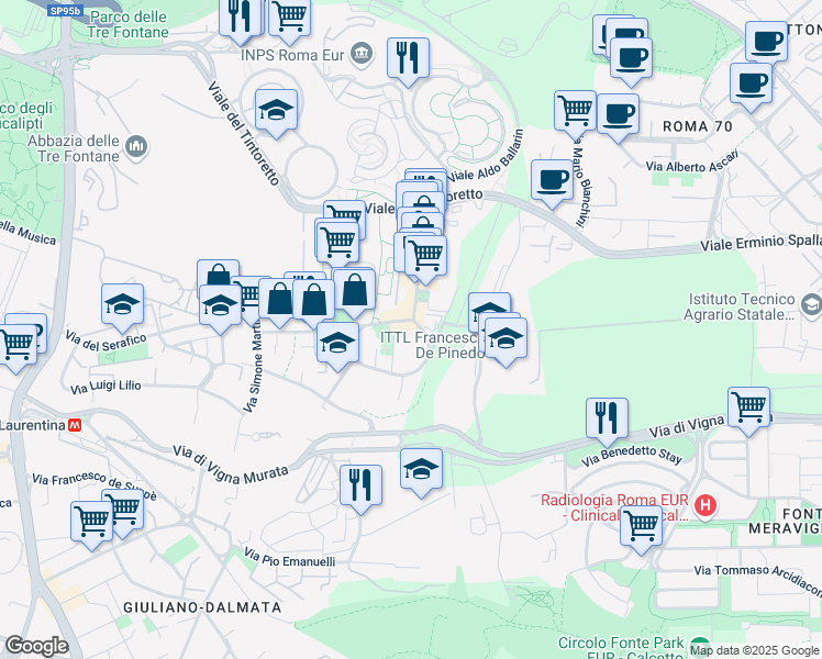 map of restaurants, bars, coffee shops, grocery stores, and more near 44 Via Paolo di Dono in Roma