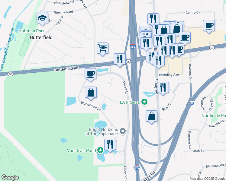map of restaurants, bars, coffee shops, grocery stores, and more near 1901 Butterfield Road in Downers Grove