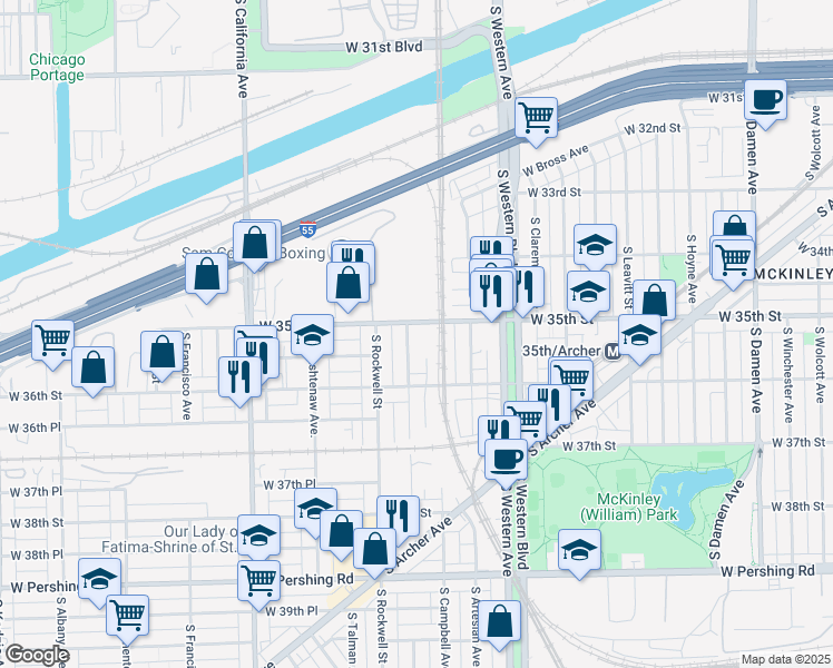 map of restaurants, bars, coffee shops, grocery stores, and more near 2500 West 35th Street in Chicago