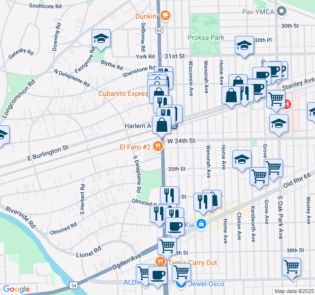 map of restaurants, bars, coffee shops, grocery stores, and more near 348 East Quincy Street in Riverside