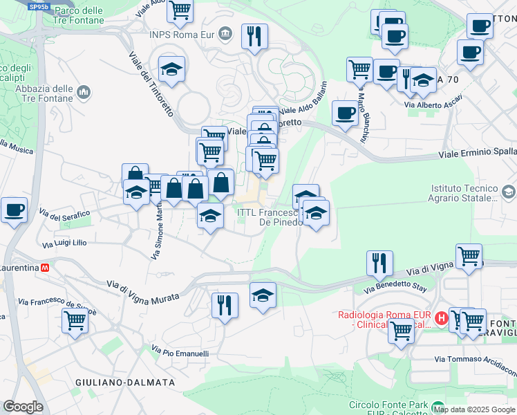 map of restaurants, bars, coffee shops, grocery stores, and more near 44 Via Paolo di Dono in Roma