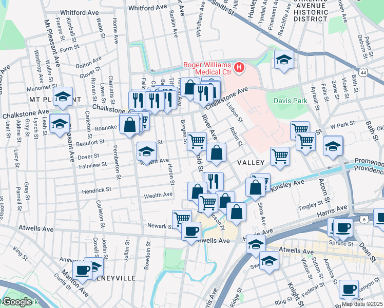 map of restaurants, bars, coffee shops, grocery stores, and more near 130 Harold Street in Providence