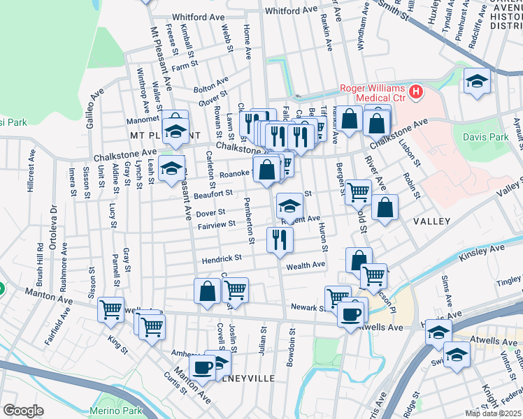 map of restaurants, bars, coffee shops, grocery stores, and more near 20 Beaufort Street in Providence