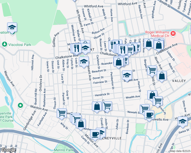 map of restaurants, bars, coffee shops, grocery stores, and more near 90 Beaufort Street in Providence