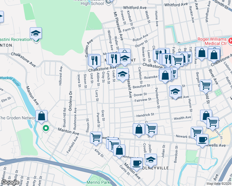 map of restaurants, bars, coffee shops, grocery stores, and more near 165 Beaufort Street in Providence