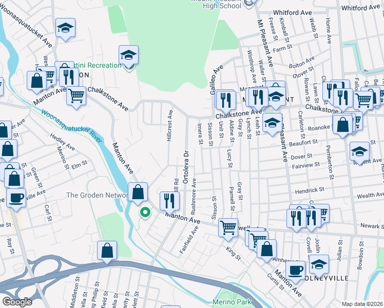 map of restaurants, bars, coffee shops, grocery stores, and more near 170 Rushmore Avenue in Providence