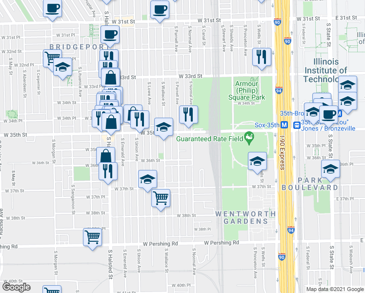 map of restaurants, bars, coffee shops, grocery stores, and more near 501 West 35th Street in Chicago