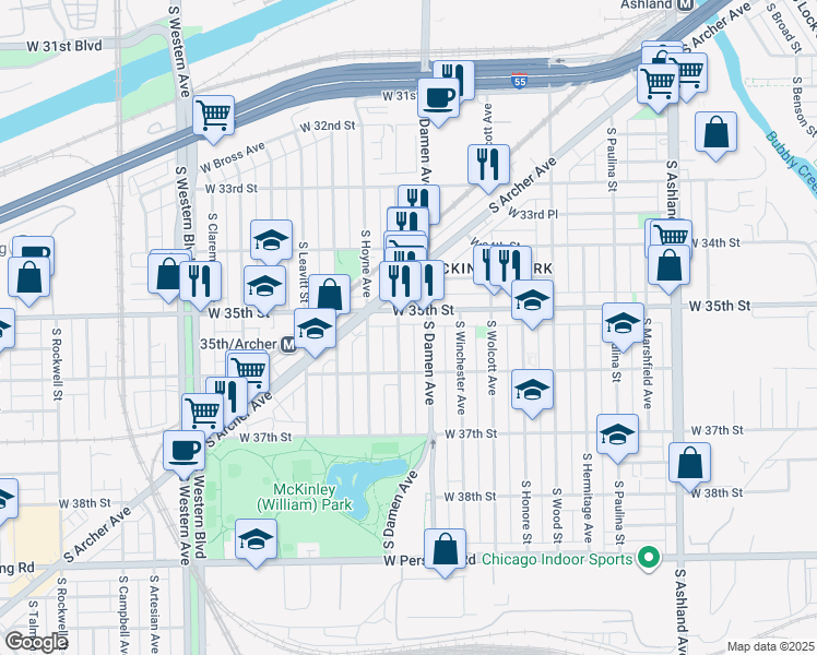 map of restaurants, bars, coffee shops, grocery stores, and more near 2030 West 35th Street in Chicago