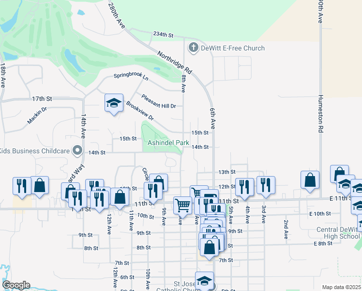 map of restaurants, bars, coffee shops, grocery stores, and more near 721 15th Street in DeWitt