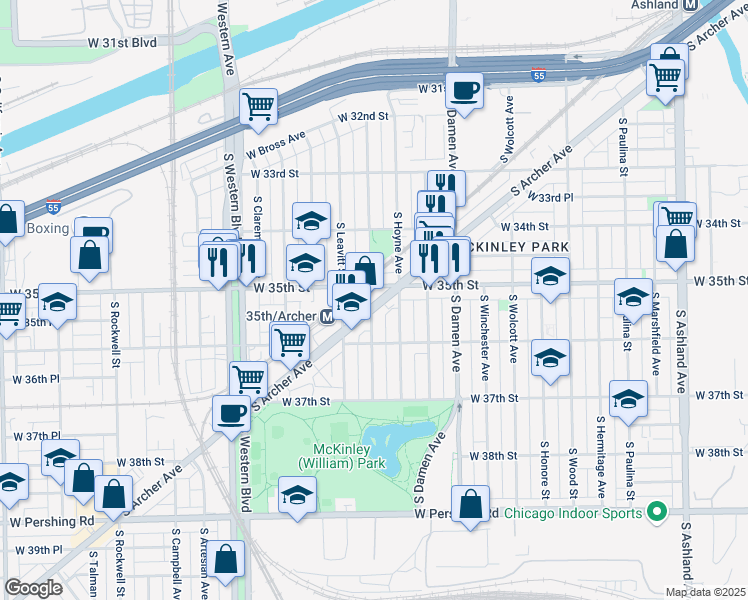 map of restaurants, bars, coffee shops, grocery stores, and more near 3456 South Hamilton Avenue in Chicago