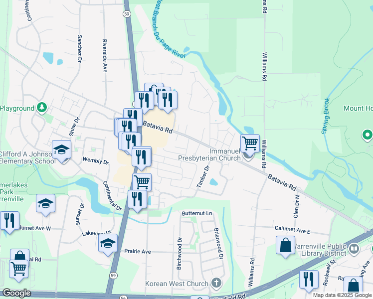 map of restaurants, bars, coffee shops, grocery stores, and more near Cerny Road in Warrenville
