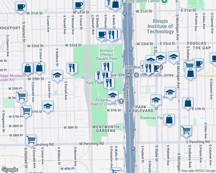 map of restaurants, bars, coffee shops, grocery stores, and more near 333 West 35th Street in Chicago