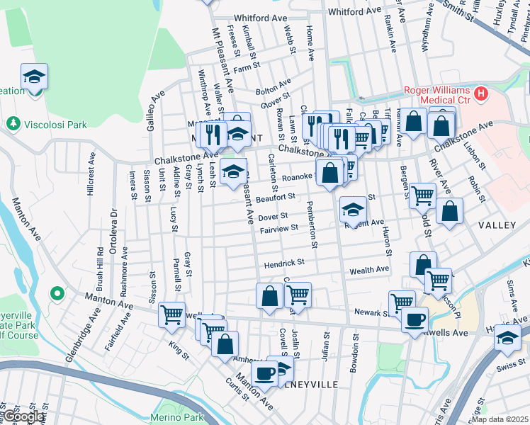 map of restaurants, bars, coffee shops, grocery stores, and more near 90 Beaufort Street in Providence