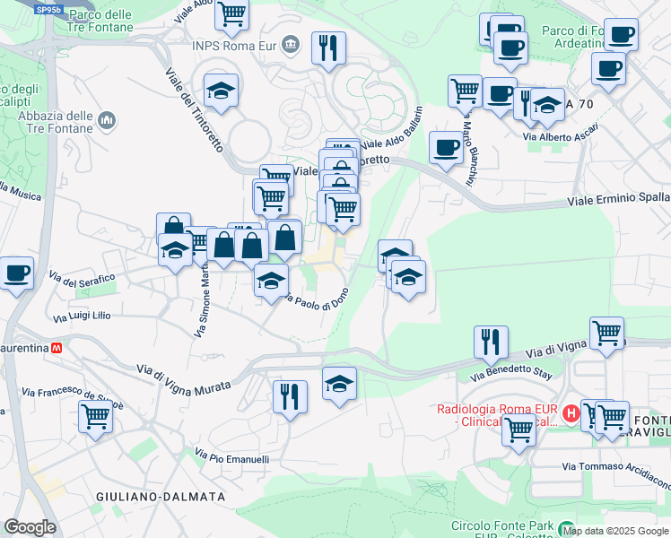 map of restaurants, bars, coffee shops, grocery stores, and more near 44 Via Paolo di Dono in Roma
