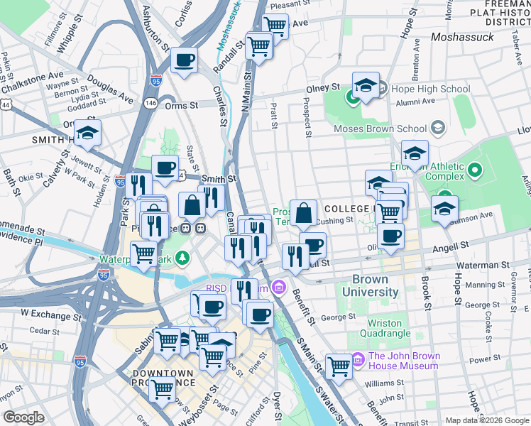 map of restaurants, bars, coffee shops, grocery stores, and more near 106 Benefit Street in Providence