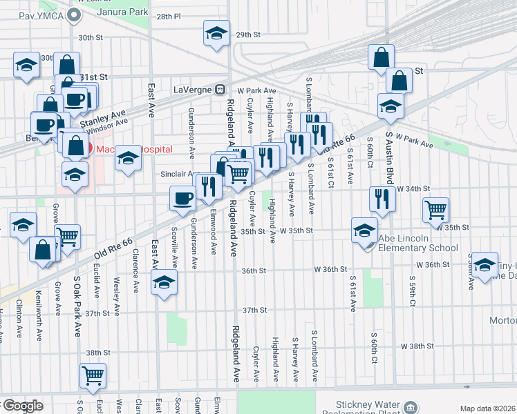 map of restaurants, bars, coffee shops, grocery stores, and more near 3401 Cuyler Avenue in Berwyn