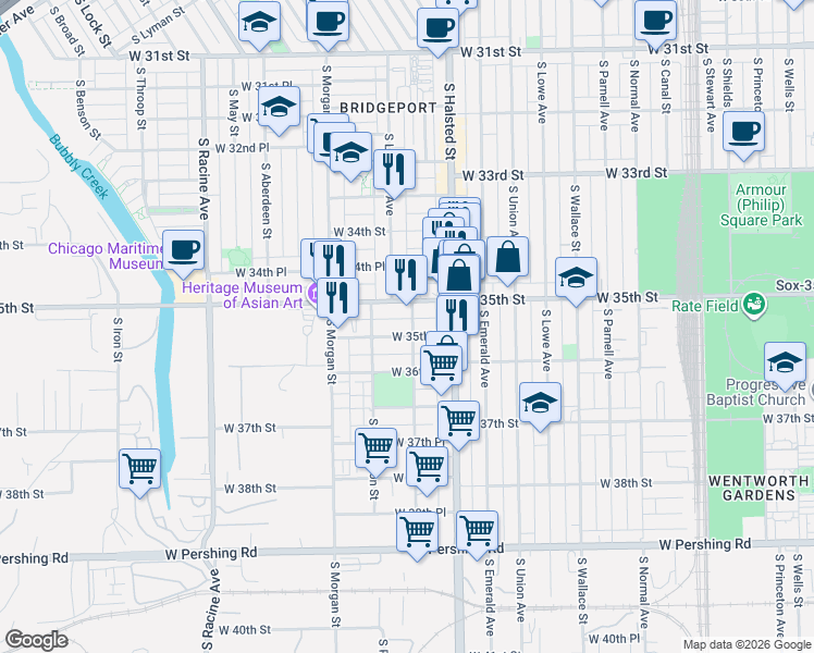 map of restaurants, bars, coffee shops, grocery stores, and more near 901-903 West 35th Place in Chicago