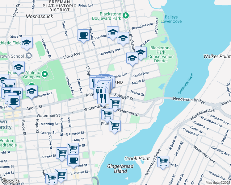 map of restaurants, bars, coffee shops, grocery stores, and more near 531 Angell Street in Providence