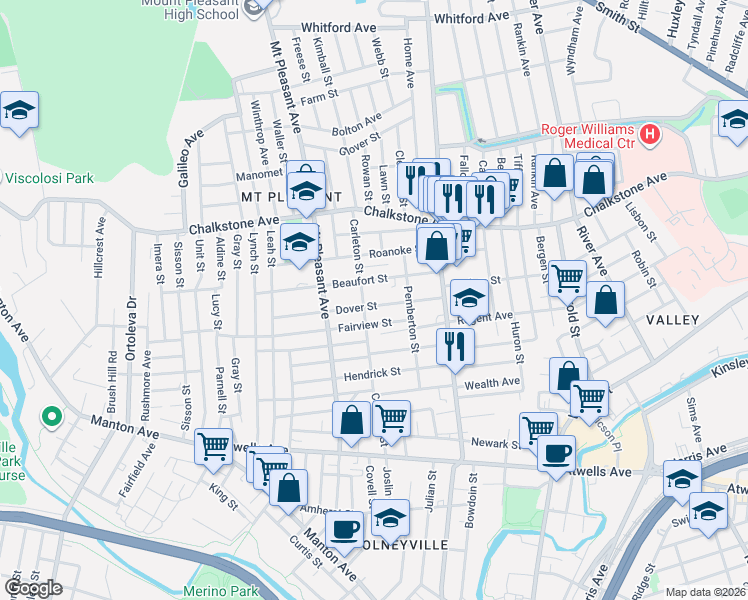 map of restaurants, bars, coffee shops, grocery stores, and more near 54 Beaufort Street in Providence