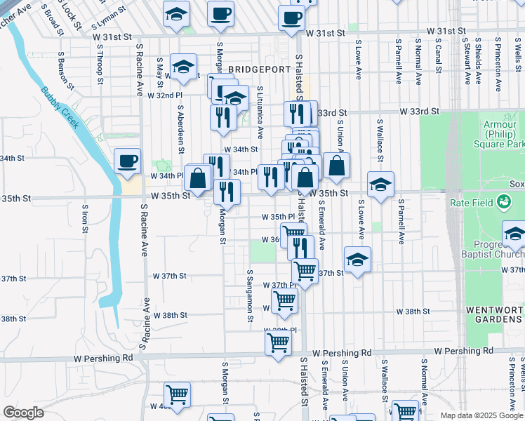 map of restaurants, bars, coffee shops, grocery stores, and more near 901-903 West 35th Place in Chicago