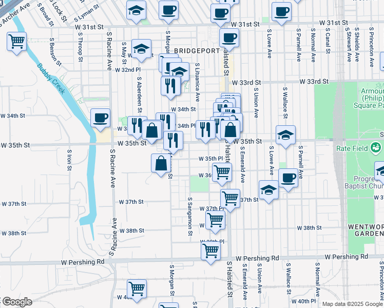 map of restaurants, bars, coffee shops, grocery stores, and more near 3500 South Sangamon Street in Chicago