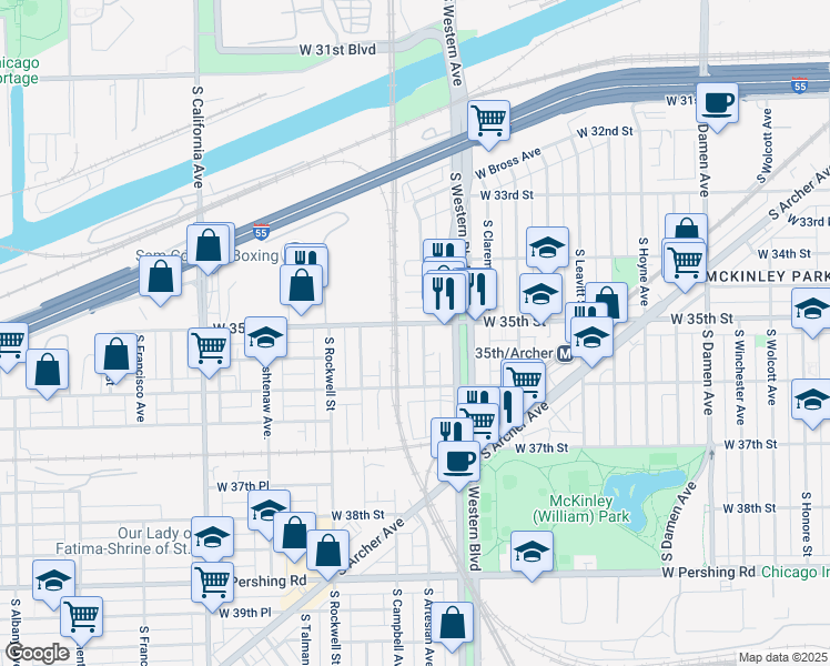 map of restaurants, bars, coffee shops, grocery stores, and more near 2444 West 35th Street in Chicago