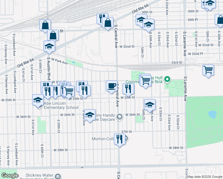 map of restaurants, bars, coffee shops, grocery stores, and more near 3406 South Central Avenue in Cicero