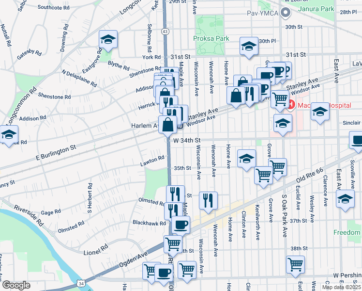 map of restaurants, bars, coffee shops, grocery stores, and more near 7143 34th Street in Berwyn