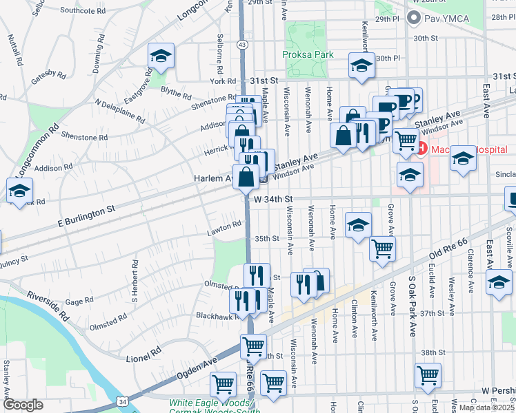 map of restaurants, bars, coffee shops, grocery stores, and more near 7143 34th Street in Berwyn