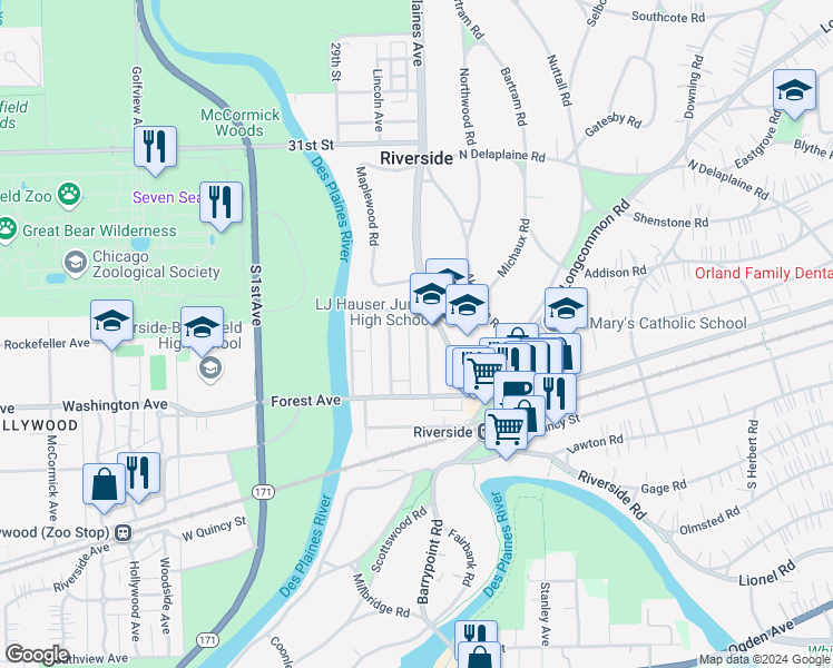 map of restaurants, bars, coffee shops, grocery stores, and more near 113 Lincoln Avenue in Riverside
